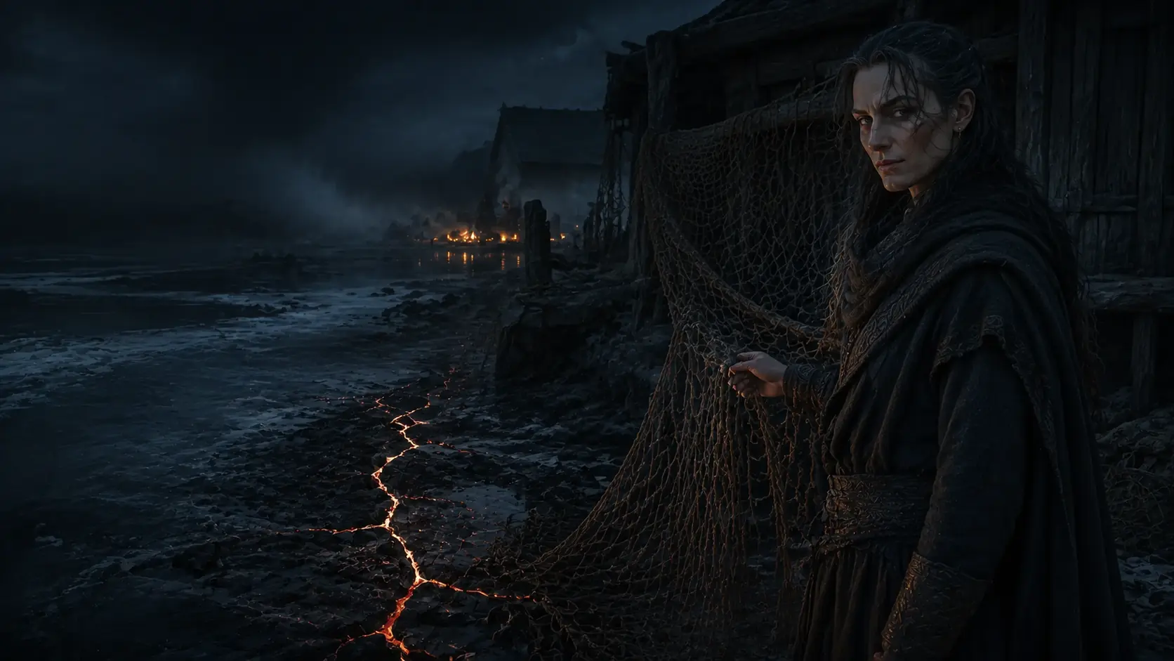 Konstnärlig gestaltning av Loki vid ett mörkt vintervatten, ett nät och en glödande spricka i den frusna marken.