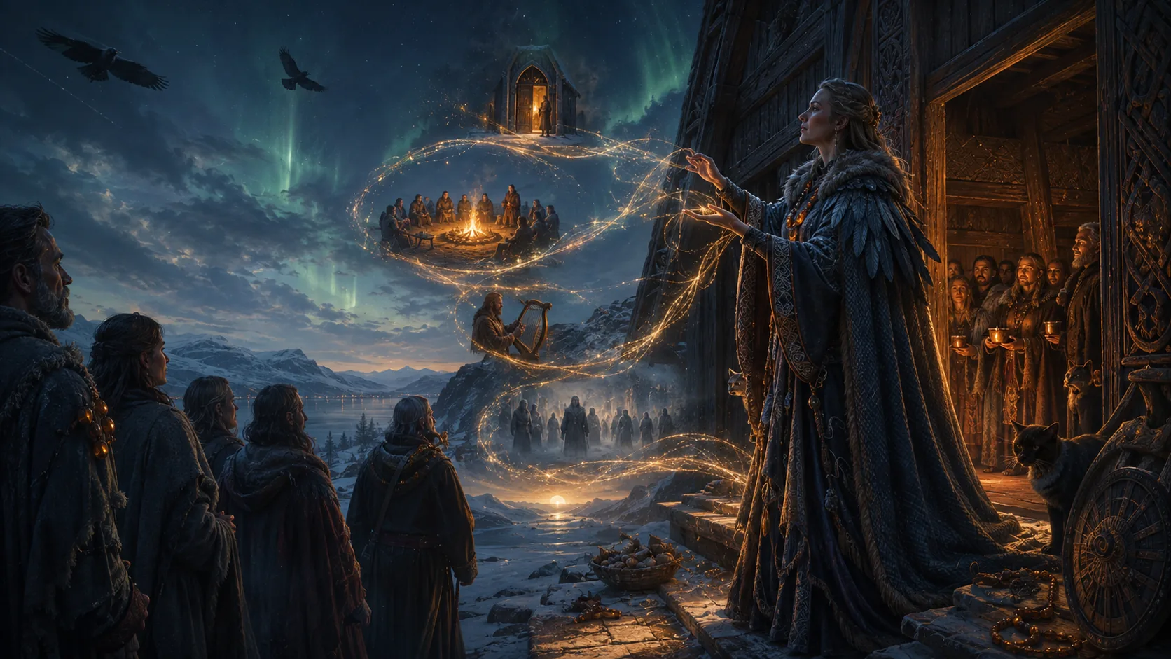 Konstnärlig gestaltning av Freyja som en mogen och mäktig gestalt vid långhuset i vintermörker, med bärnstensdetaljer.