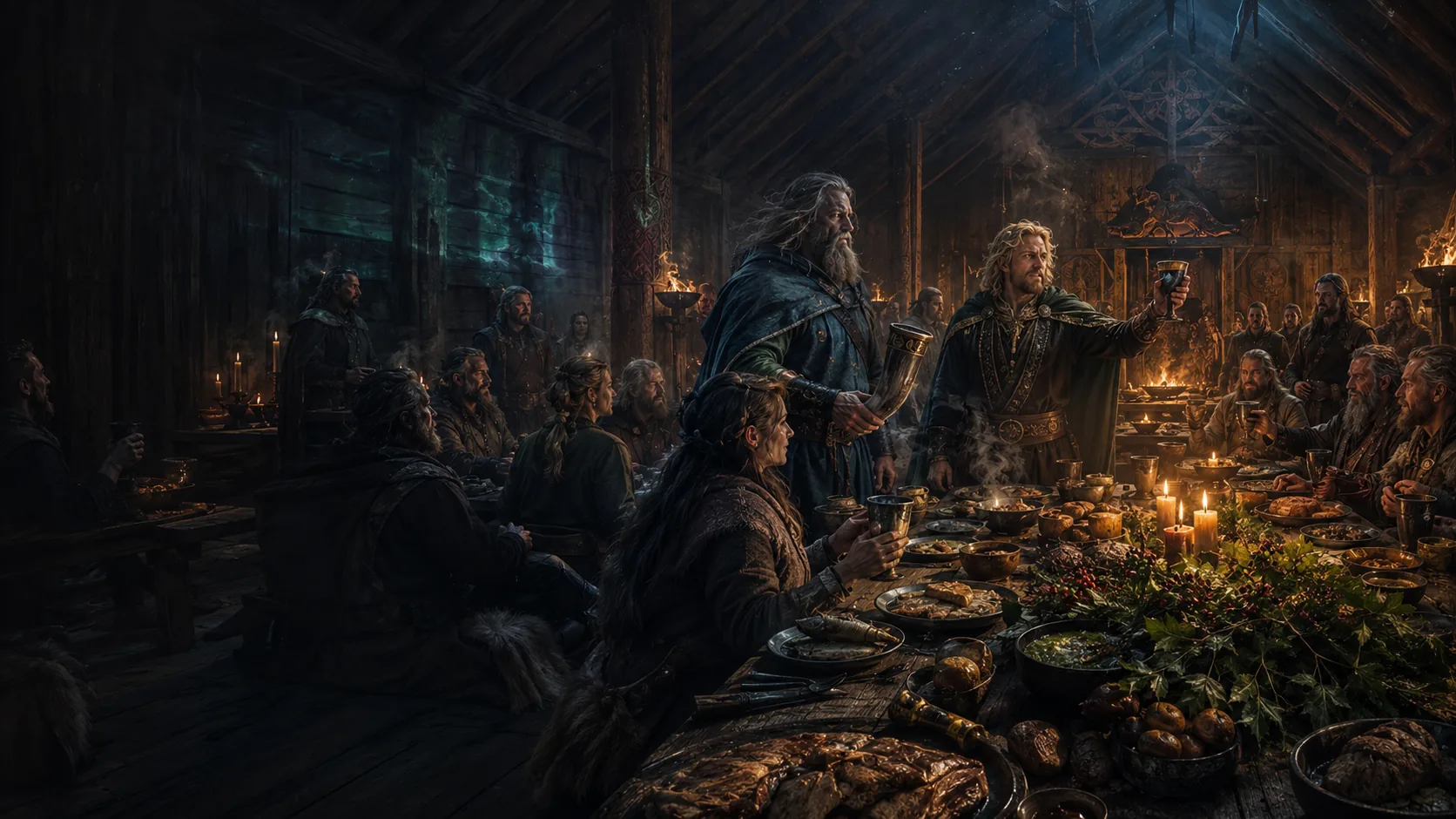 Njǫrðr och Freyr står vid ett rikt dukat bord i långhusets eldljus.