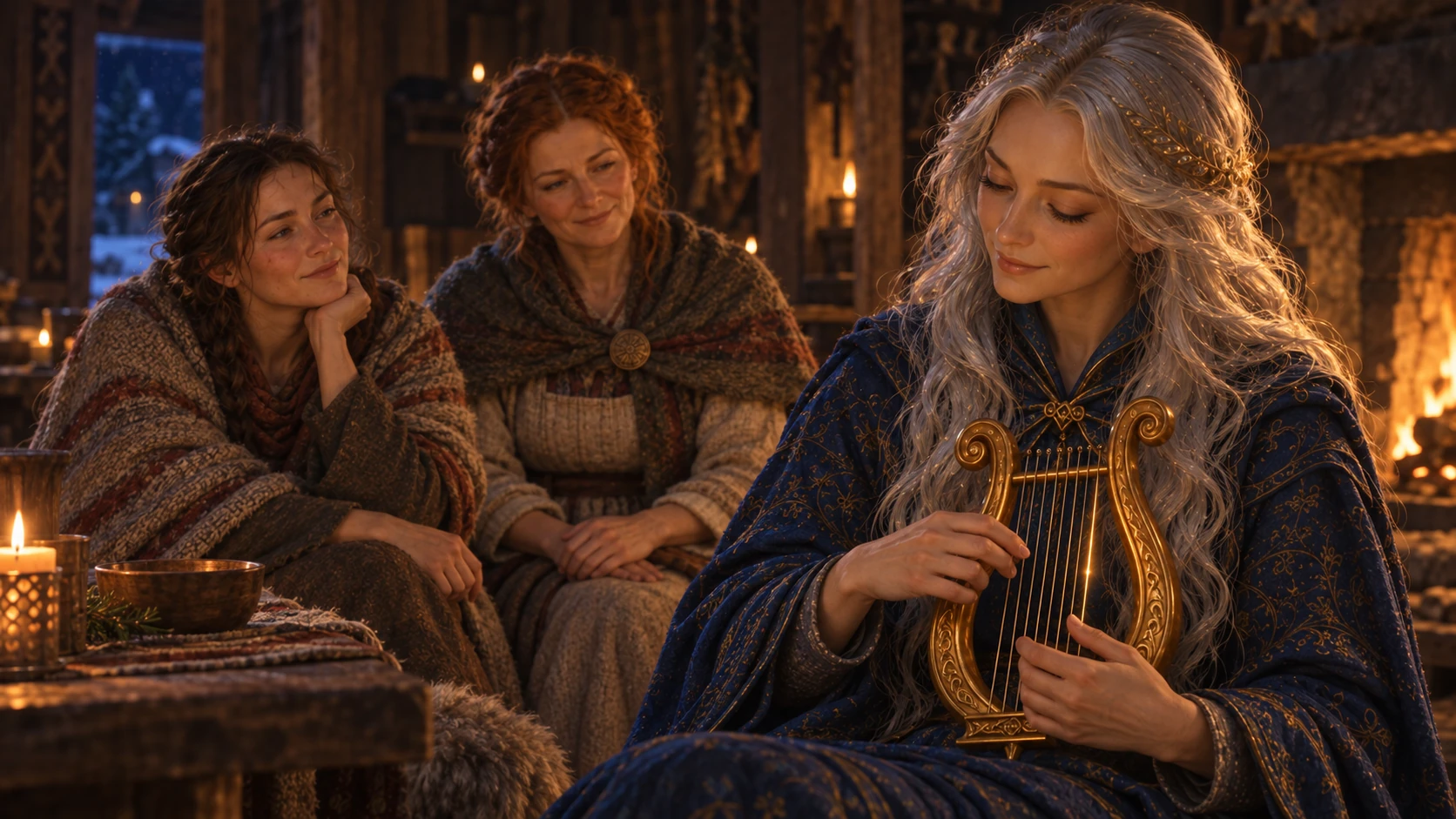 Hexelyra spelar på sin gyllene lyra medan Runa och Eira lyssnar. Ett svagt gyllene sken syns på en sträng.