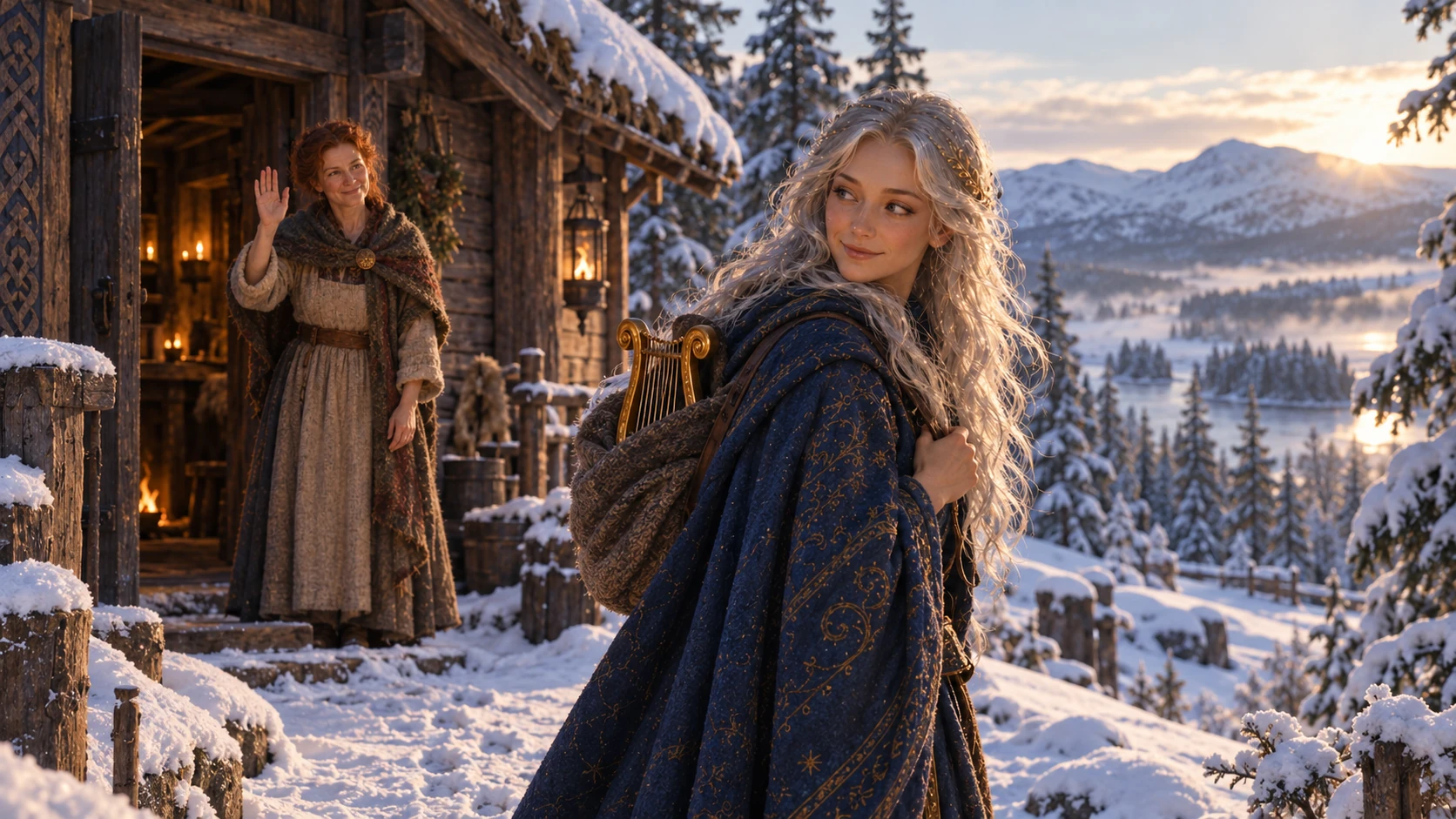 Hexelyra vänder sig om på den snöiga stigen med lyran över axeln. Runa står vid långhuset och vinkar i morgonljuset.